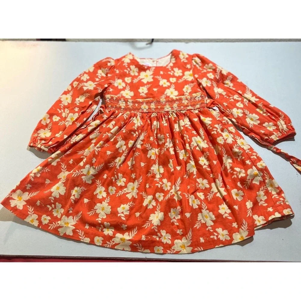 Bonnie Jean Girls Orange Floral Smocked Long Sleeve Dress 4T W2-10296-DL ORA